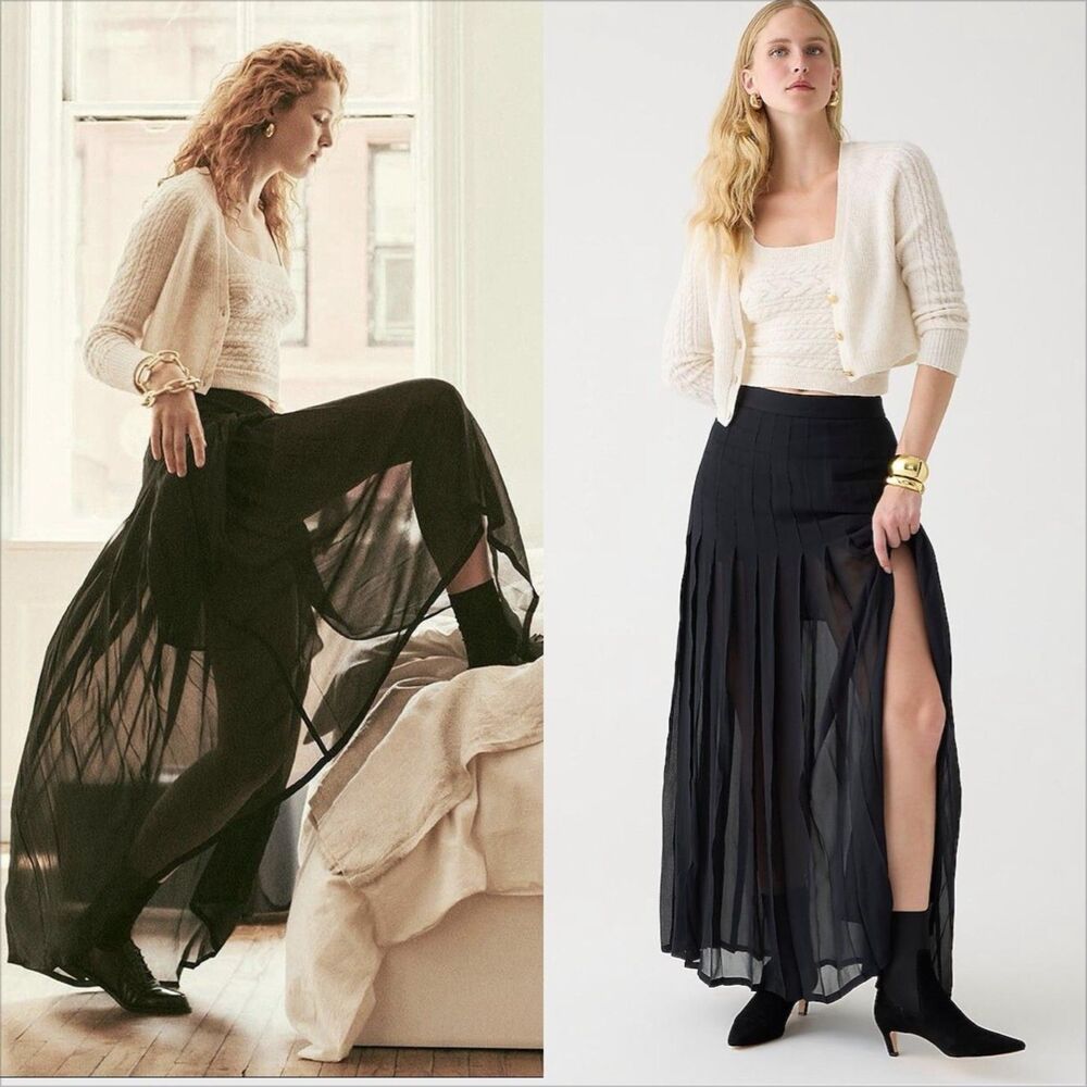 J Crew Collection Maxi Skirt Lightweight Chiffon Size 12 Black Floor Length